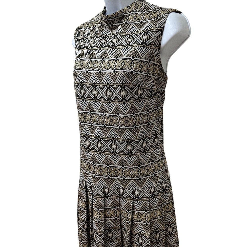Vintage Barron London Gold Metallic Geometric Knit Drop Waist Pleated Dress 14 - Picture 4 of 13